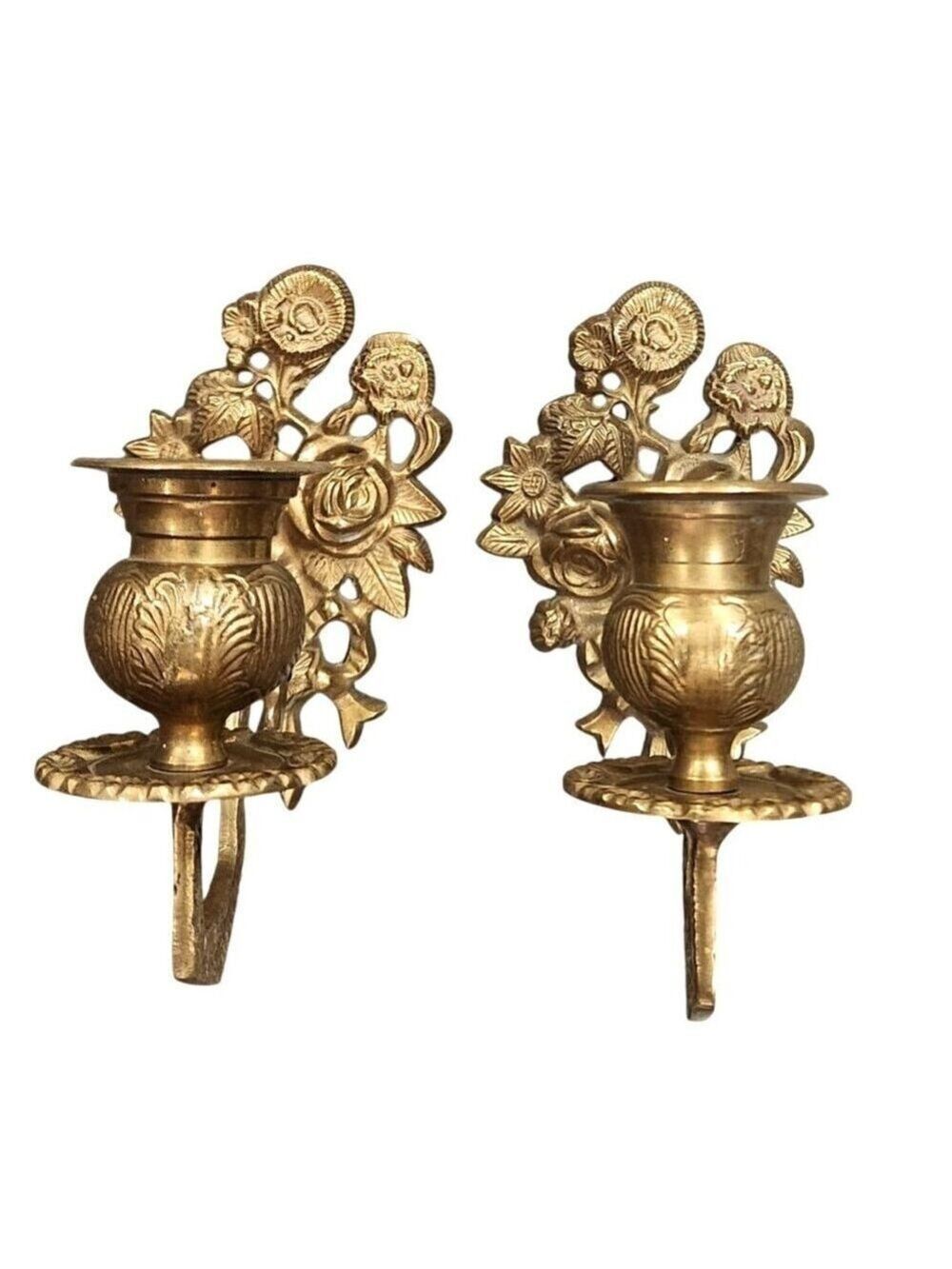 Vintage Brass Floral Wall Hanging Candle Sconces - Pair 20th Century Ornate Desi